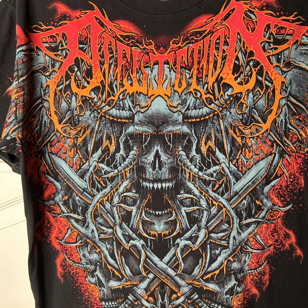 Affliction Men's Black Tee with Red and Orange Skull Design